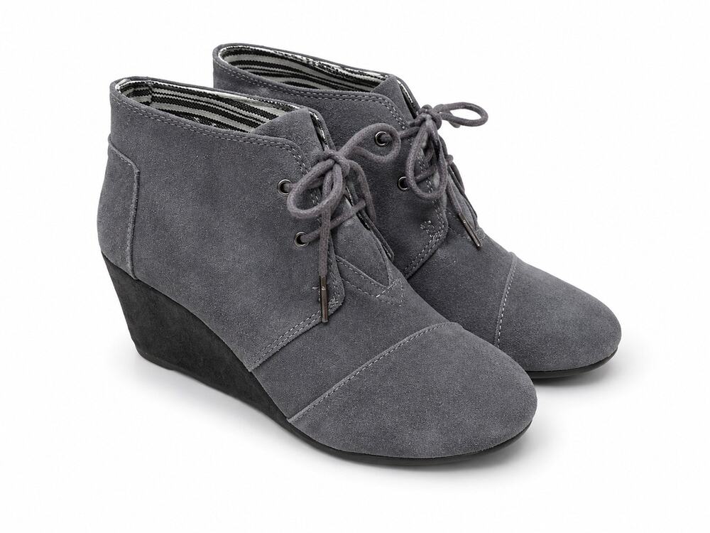 TOMS Kala Desert Wedge Booties Gray Suede Lace Up Ankle Boots Womens Size 8.5